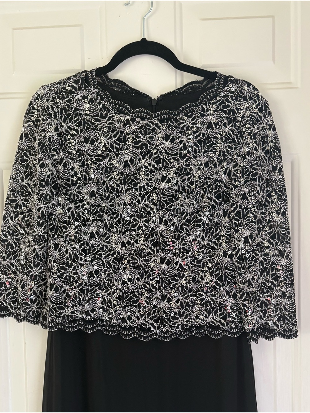 Alex Evenings Black Dress with Silver Lace Overlay